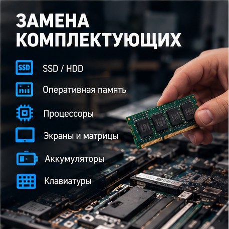 Замена комплектующих: SSD, оперативная память, процессоры, экраны, клавиатуры